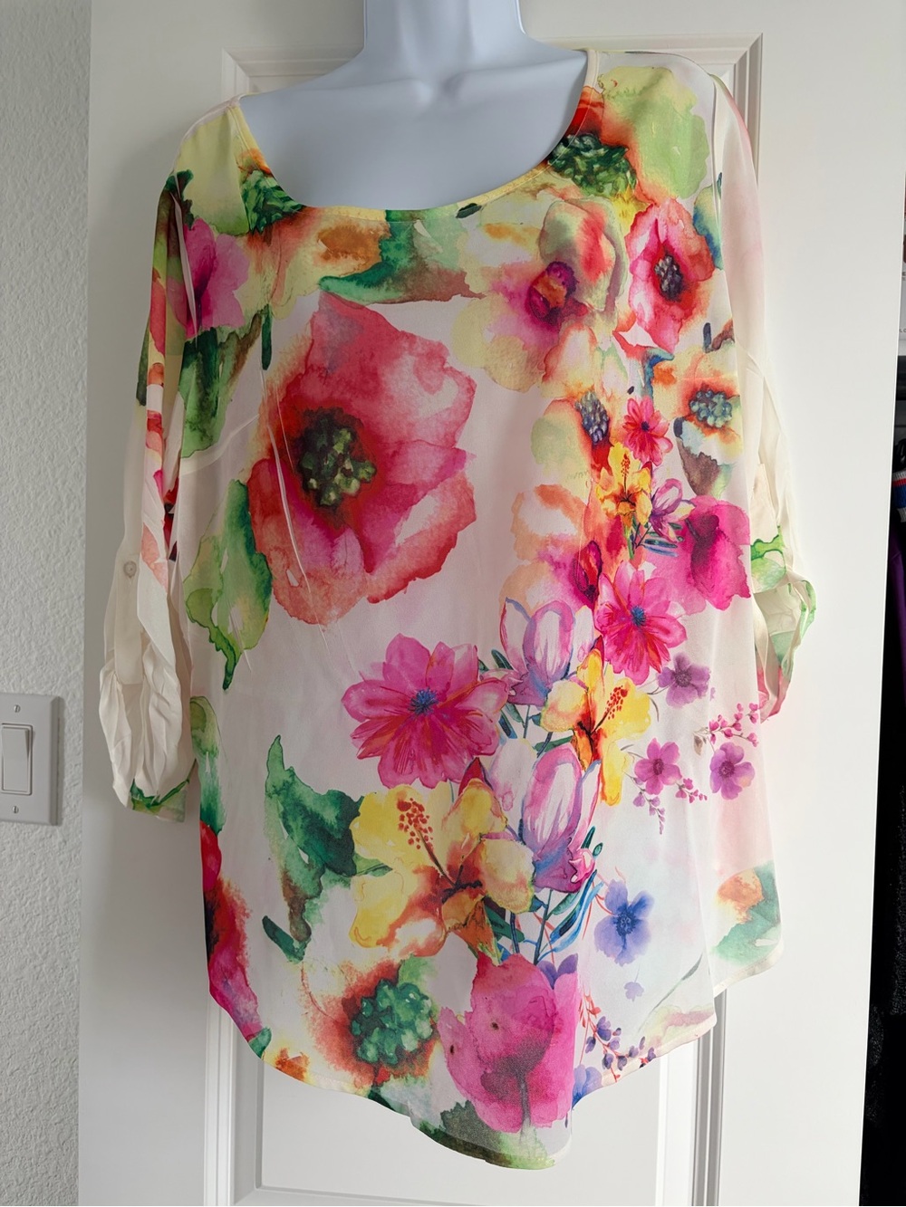 DNA couture Scoop Neck Floral Watercolor Blouse - Pink, Green, Yellow